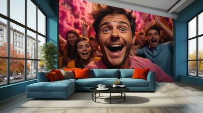 an influencer taking a group selfie at a party, bright colors, exaggerated facial expressions, fun Wall mural