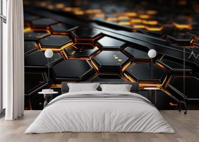 black hexagonal background with yellow hexagons with gold lines. Wall mural