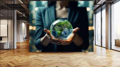 Businesswomen holding world and icon to Organization Sustainable development environmental. business responsible environmental. Wall mural