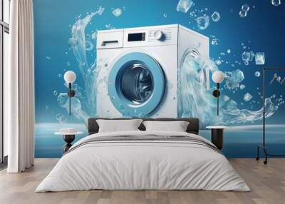 cleaning clothes washing machine or detergent liquid commercial advertisement style with floating shirt and dress underwater with bubbles and wet splashes laundry work as banner design. Wall mural