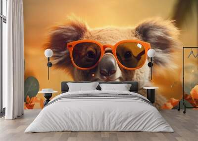 cute koala wearing summer sunglasses, summer background. Wall mural