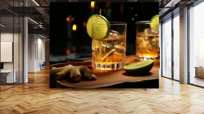 Dark and stormy cocktail with lime in glasses, ginger root, on table, nordic lounge, modern, no smoke, dark environment, low dop. Wall mural