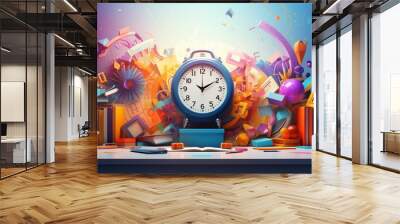 dynamic back to school background with a burst of colorful geometric shapes and symbols representing different academic subjects. Wall mural