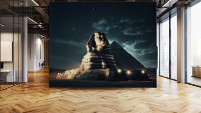 Egyptian pharaoh Sphinx statue in black marble at night in front of Giza pyramids, Old Egyptian Civilization. Wall mural