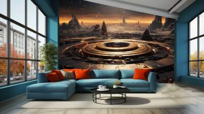 empty gold podium on outer space and hugh golden planet galaxy background. Wall mural