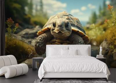 funny fast turtle carrying a rabbit on its back. Wall mural