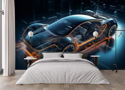 futuristic electric sport fast car chassis and battery packs with high performance or future EV fatory production and prototype showcase concepts as wide banner with copy space area. Wall mural