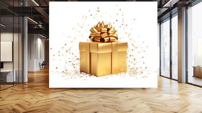 Golden gift box with confetti transparent background. Wall mural