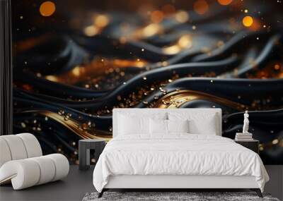 luxury black wavy background with golden glitter. Wall mural