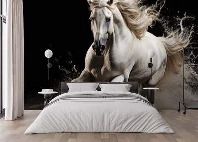 Majestic white horse galloping on a dramatic black background. Wall mural