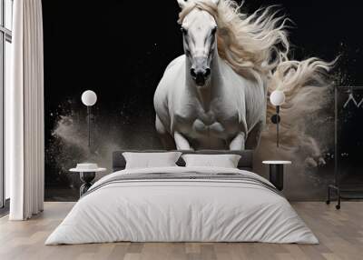 Majestic white horse galloping on a dramatic black background. Wall mural