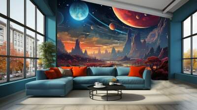 outer space colorful planets and speeding comets cartoon style background. Wall mural