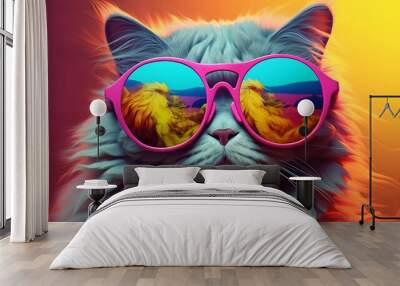 Persian cat with a pair of stylish glasses. The bright and vivid palette adds a sense of playfulness to the artwork, and the cat's confident posture and the whimsical glasses convey a sense of charm Wall mural