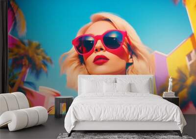 pop art collage of a blonde model girl with peculiar sunglasses on a palm tree summer vibe background, colorful abstract theme concept. Wall mural