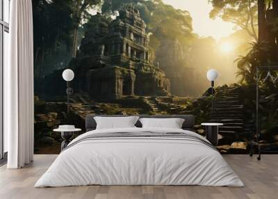 Ruins of old Hindu temple in jungle at sunset. Wall mural