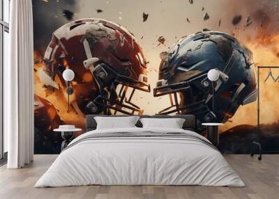 Two football helmets crashing into each other. The concept of rivalry on the field between two teams in American football. Wall mural