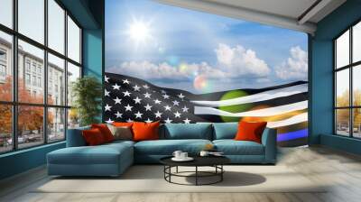 American flag with police support symbol Thin blue line on blue sky. American police in society as the force which holds back chaos, allowing order and civilization to thrive. 3d-rendering. Wall mural