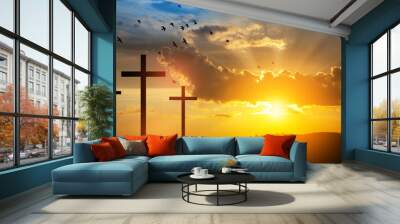 Christian cross on hill outdoors at sunrise. Resurrection of Jesus. Wall mural