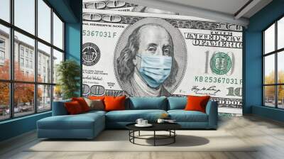 COVID-19 coronavirus in USA. Hundred golden dollar money bill with face mask. Wall mural