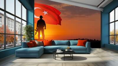 Silhouette of soldier with Turkey flag on background of sunset. Concept of crisis of war and political conflicts between nations. Greeting card for Turkish Armed Forces Day, Victory Day. Wall mural