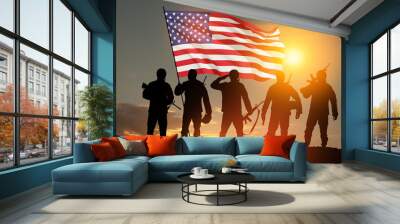 Silhouettes of soldiers with USA flag against the backdrop of a sunset. Greeting card for Veterans Day, Memorial Day, Independence Day. USA celebration. Patriotism, protection, remember honor. Wall mural