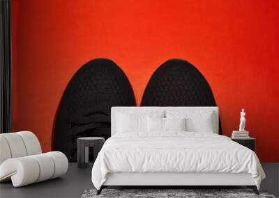 Sport black sneakers isolated on red background Wall mural