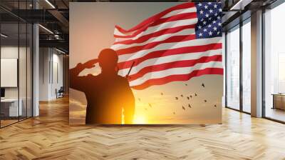 USA army soldier saluting with nation flag on a background of sunset or sunrise. Greeting card for Veterans Day, Memorial Day, Independence Day. America celebration. 3D-rendering. Wall mural