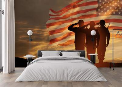 USA army soldiers saluting on a background of sunset or sunrise and USA flag. Greeting card for Veterans Day, Memorial Day, Independence Day. America celebration. 3D-rendering. Wall mural