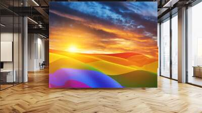 Waving LGBT pride flag on sunset sky with flying birds, rainbow flag background. Multicolored peace flag movement. Wall mural