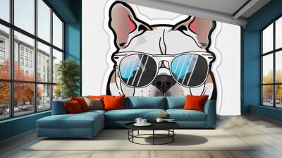 Cartoon bulldog dog wearing sunglasses isolated on white background,  Wall mural