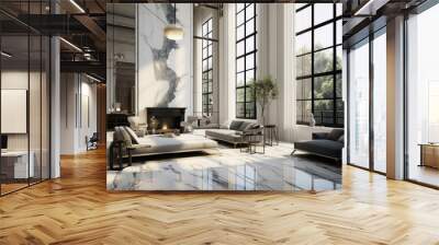 Lavish fancy modern house apartment home interior, marble floor, High ceilings, High glass windows, art deco inspired  Wall mural