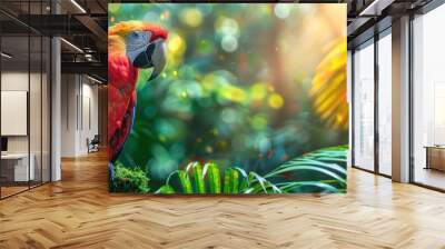 A colorful macaw parrot with a bright red beak perches on a branch in a lush, tropical jungle Wall mural