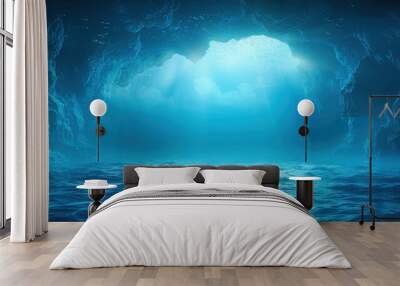 Cave view under a bright sky reflecting on the ocean waves, capturing the beauty of nature on a sunny summer day Wall mural