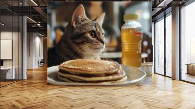 Cesar is a hungry little boy, staring at the tasty pancakes in front of him. Cute cat puppy.  Wall mural