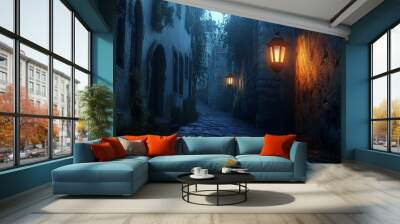 A dark and mysterious alley with old lanterns flickering dimly  Wall mural