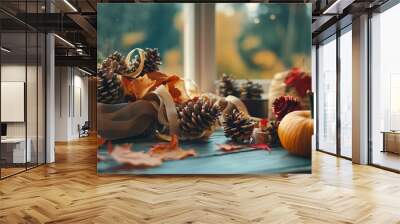 A DIY Thanksgiving decoration station, with supplies like ribbon, pinecones, and autumn leaves. Wall mural