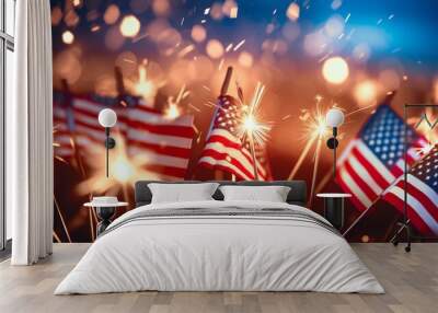 Bright burning sparklers against American flag, closeup Wall mural