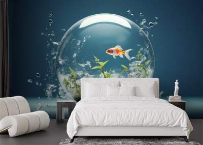 Hyper-realistic fishbowl collage with minimalist purity, clean background, and dreamy lighting, creating an astonishing underwater masterpiece. Wall mural