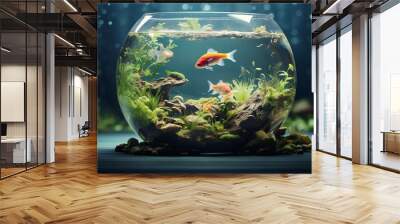 Mix of realism and fantasy in a fishbowl collage, with cinematic lighting creating a visually stunning composition and plenty of copy space. Wall mural