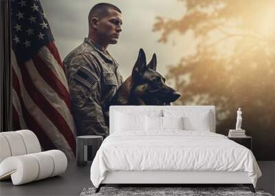 Panorama illustrating the honor and sacrifice of veterans with the back of a military man and service German Shepherd, the US flag serving as a poignant background. Wall mural