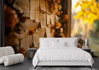 Small notes of gratitude written by family members, displayed on a board for everyone to read during Thanksgiving. Wall mural