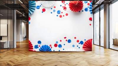 4th of July American Independence Day. Happy Independence Day. Red, blue and white star confetti, paper decorations on white background. Flat lay, top view, copy space, banner Ai generated  Wall mural