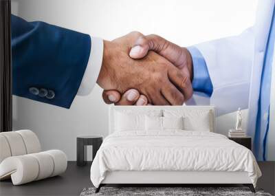 a close-up of two people shaking hands, one wearing business clothes and the other a medical coat, signifying confidence between a businessman and a doctor during a crucial meeting.  Wall mural