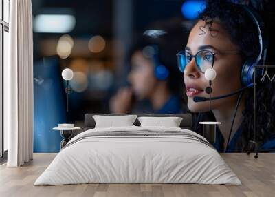 A friendly customer service representative smiling while assisting a client on a call, with a neat desk setup and a computer displaying customer details Wall mural