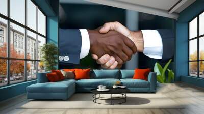 
An entrepreneur shaking hands with a business partner in a sleek, modern office, sealing a deal, with a focus on trust and success Wall mural