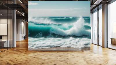 Beautiful sea waves with foam of blue and turquoise color isolated on white background ai image  Wall mural