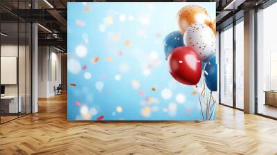 Colorful helium balloons, red and white, floating against a blue background, perfect for birthday parties or any festive celebration
 Wall mural