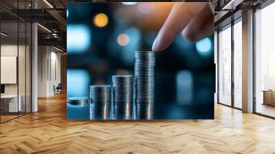 Hand stacking silver money coins for expanding business on a hazy background Wall mural