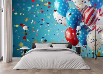 Holidays card design. American flag balloons with confetti background, Hanging Bunting Flags for American Holidays card design. American balloons and flag garland with confetti background Ai generated Wall mural