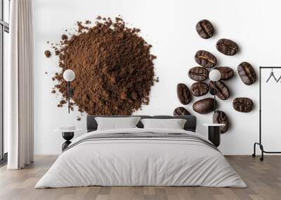 Isolated coffee powder pile with a clipping path and coffee beans on the ground on a white background. Wall mural